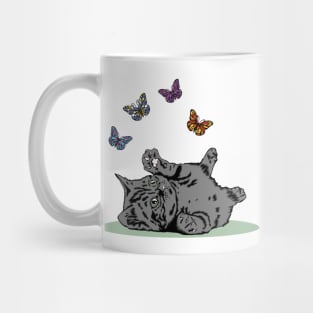 Grey Kitten Playing With Butterflies Mug